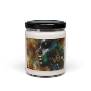 Decorative candle jar with abstract face design.