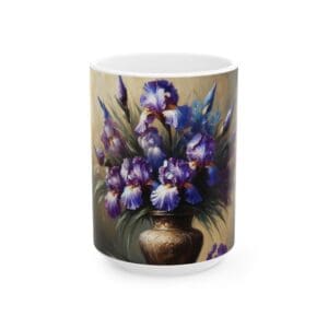 Vase with purple and white flowers painting.