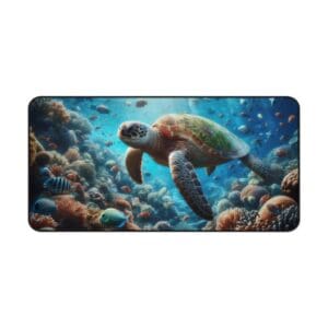Sea turtle swimming among colorful coral reef.