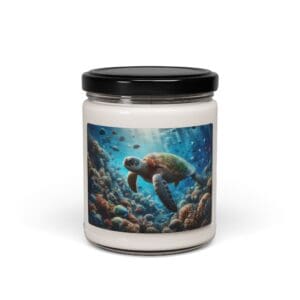 Candle jar with sea turtle illustration.