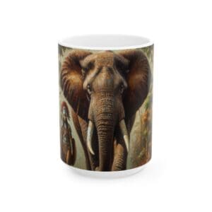 Elephant and warrior printed on white mug.
