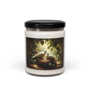 Candle jar with bird nest illustration.