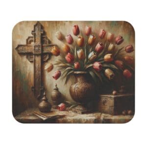 Vase of tulips with cross and box.