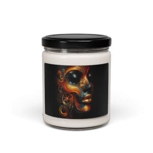 Jar candle with colorful abstract face design.