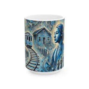 Abstract mug design featuring train and portraits.