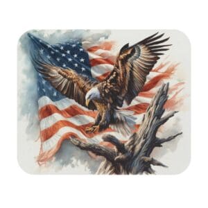 Bald eagle soaring with American flag background.