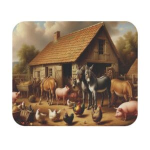 Farm animals gathered in front of barn.