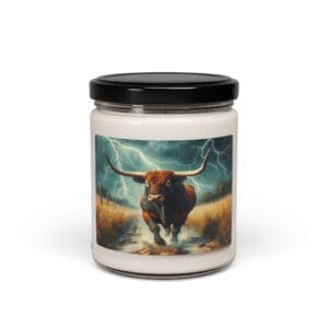 Candle jar featuring charging bull illustration.