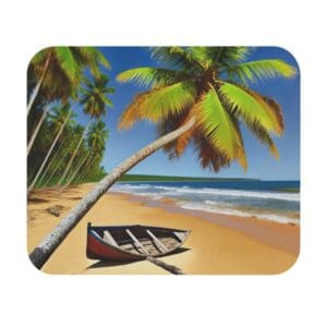 Boat on tropical beach with palm trees.