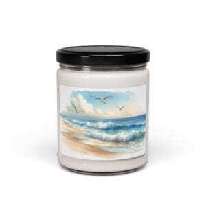 Candle with beach scene label and birds.