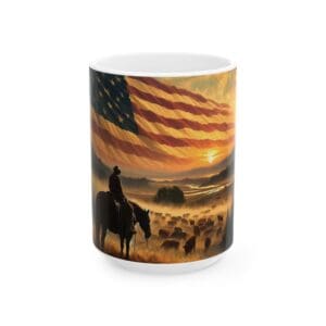 Cowboy and cattle under American flag sunset.