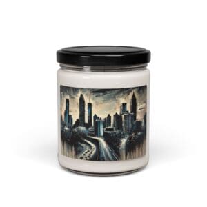 Candle jar with cityscape design.