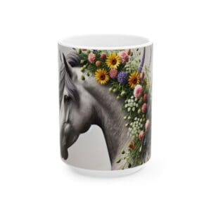 Horse mug with colorful flower design.