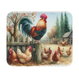 Rooster and hens in a farmyard.