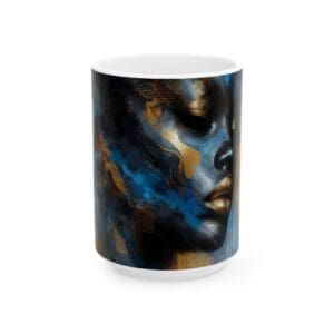 Abstract face design on a ceramic mug.