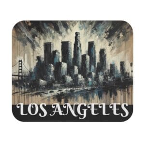 Abstract Los Angeles skyline with text.
