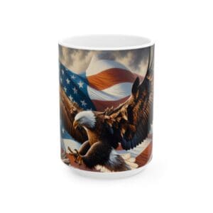 Eagle flying over American flag on mug.