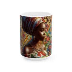 Mug with colorful African-inspired portrait design.