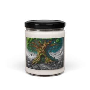 Jar with colorful tree illustration label.