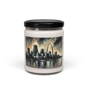 Candle with abstract cityscape label design.