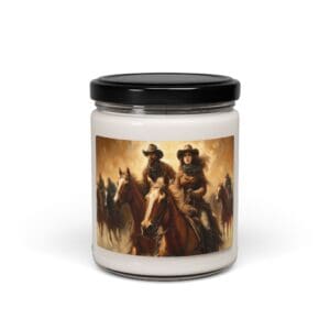 Candle jar with cowboy-themed label design.