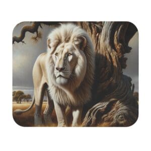 White lion standing near a tree.