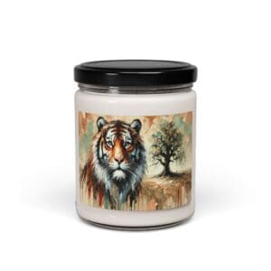 Tiger candle jar with artistic design.