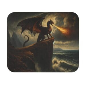 Dragon breathing fire on cliff, stormy sea.