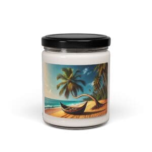 Candle jar with tropical beach scene label.