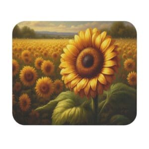 Field of sunflowers under cloudy sky.