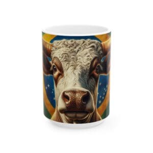 Cow mug with Brazilian flag design.