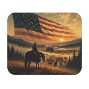 Cowboy and herd beneath American flag sunset.