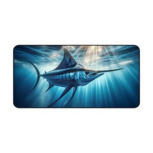 Swordfish swimming in sunlit ocean water.