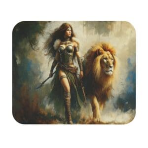 Warrior woman walking with a lion.