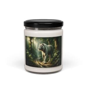 Candle jar with white tiger illustration.