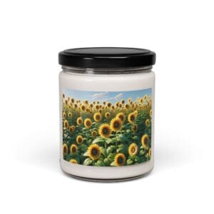 Candle jar with sunflower field label.