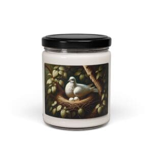 Candle jar with bird and nest design.