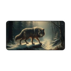 Wolf walking in a snowy forest path.