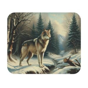 Wolf standing in snowy forest stream.