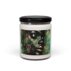 Jar with artistic face design label.