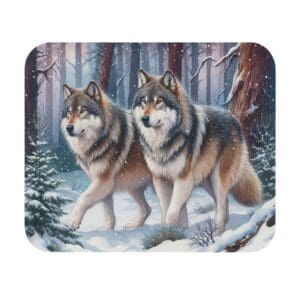 Two wolves walking in snowy forest.