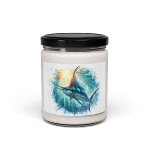 Jar candle with marlin illustration label.