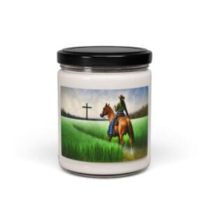Candle jar with cowboy and horse illustration.