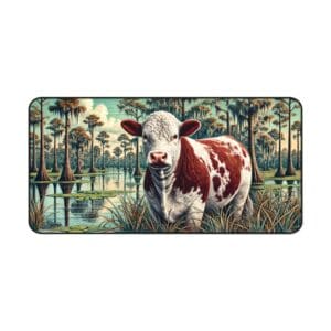 Cow standing in a swampy forest.