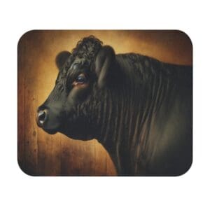 Portrait of a black bull against wood.