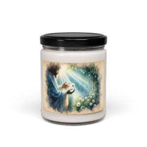 Candle jar with spiritual art label.