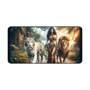 Woman with tiger and lion in jungle.
