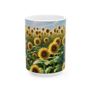 Sunflower field printed on a ceramic mug.