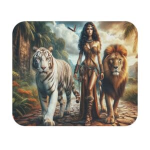 Woman walking with tiger and lion.