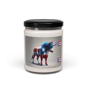 Candle with bull and Puerto Rican flag.